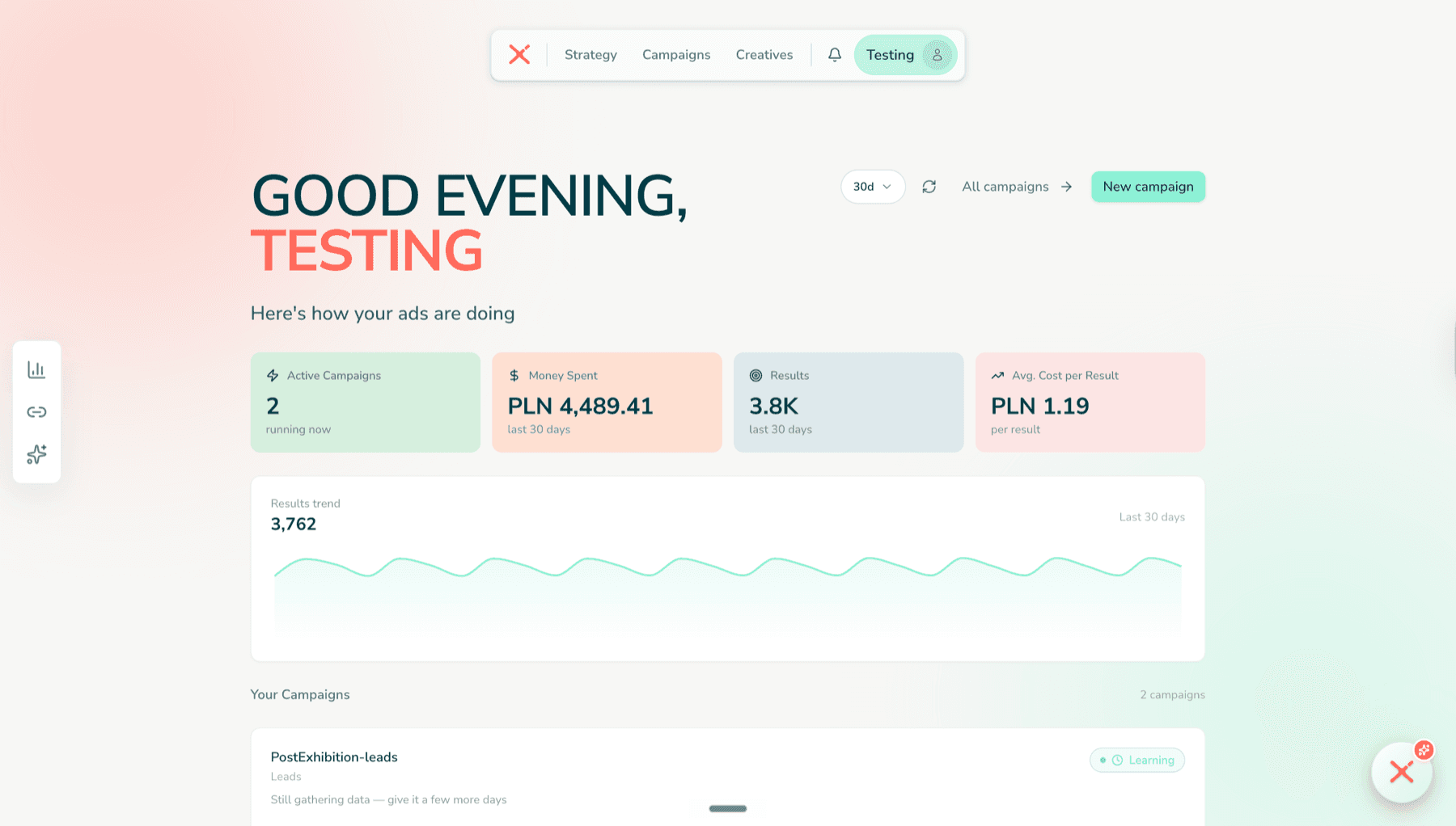 Mentic dashboard — overview of live campaigns